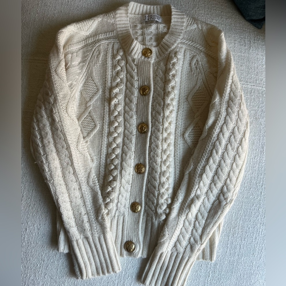 J. Crew Cable-knit Cardigan Sweater Ivory. Gold buttons. Excellent condition.